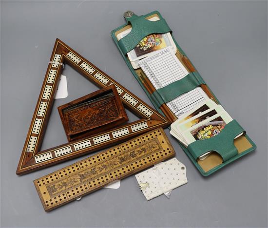 Miscellaneous items, including a 19th century triangular inlaid cribbage board,